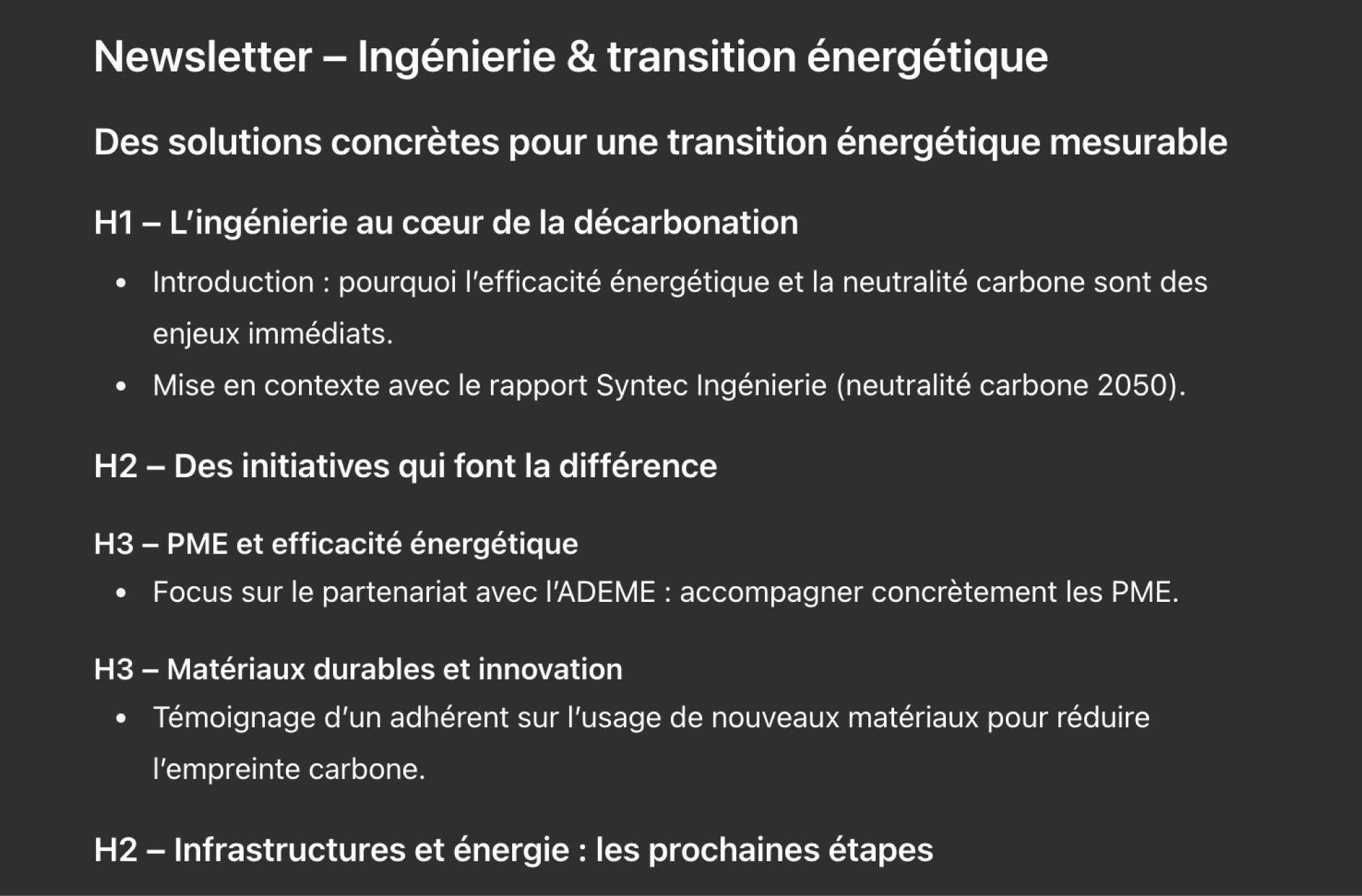 Texte décrivant la structure du contenu d'une page (titre, sous-titre, H1, H2, H3)