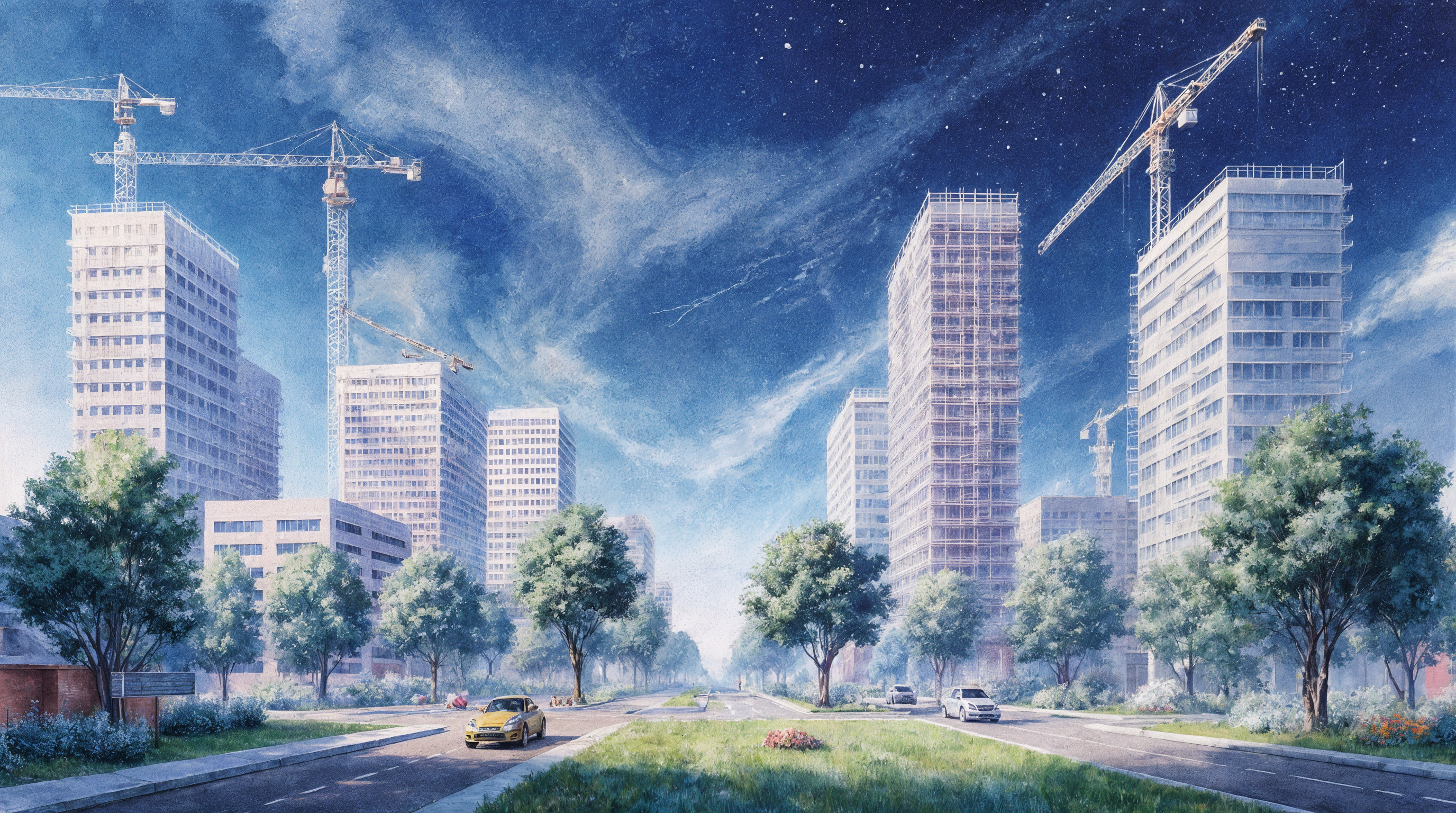 Illustration générée par intelligence artificielle représentant une ville avec ses bâtiments sous un ciel bleu. Au premier plan, au centre, se trouve une fenêtre de prompt IA affichant le texte utilisé pour générer l’image en arrière-plan.