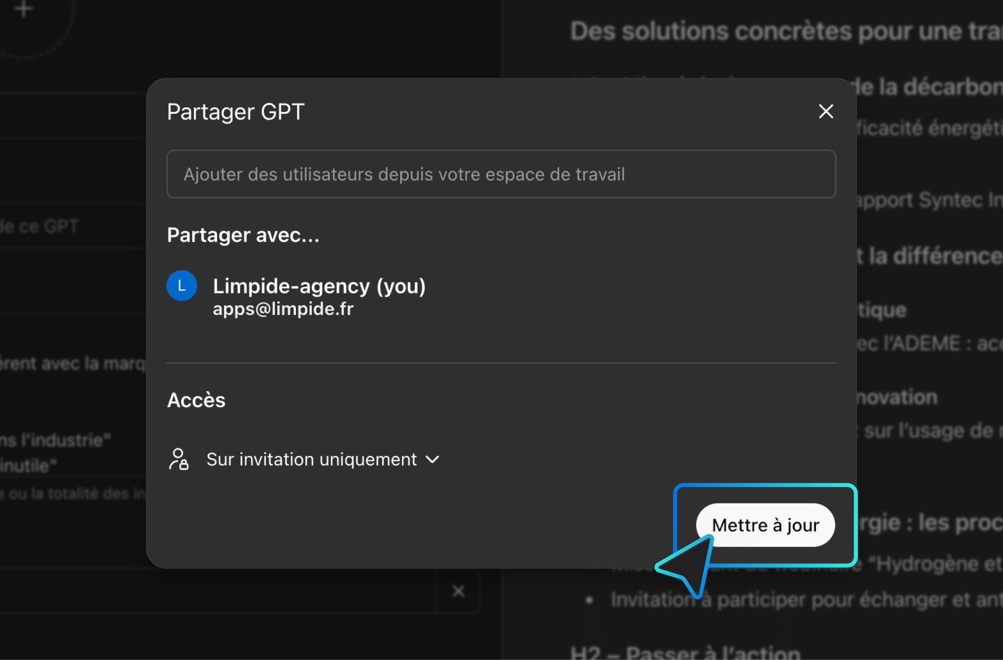 Capture d'écran de l'interface de chatGPT en mettant en avant la création (ou la mise à jour) d'un agent IA.