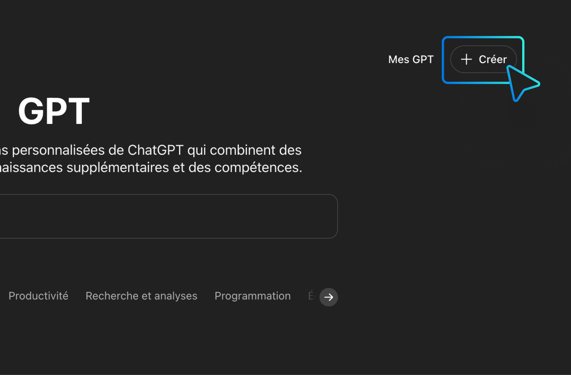 Capture d'écran de l'interface de ChatGPT en mettant en avant le bouton d'action "Créer"