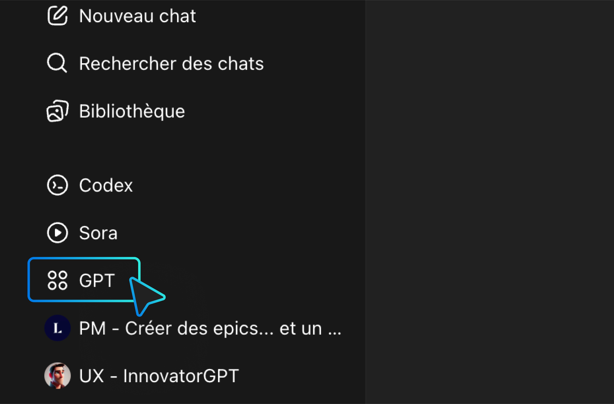 Capture d'écran de l'interface de ChatGPT avec l'élément GPT mis en avant.