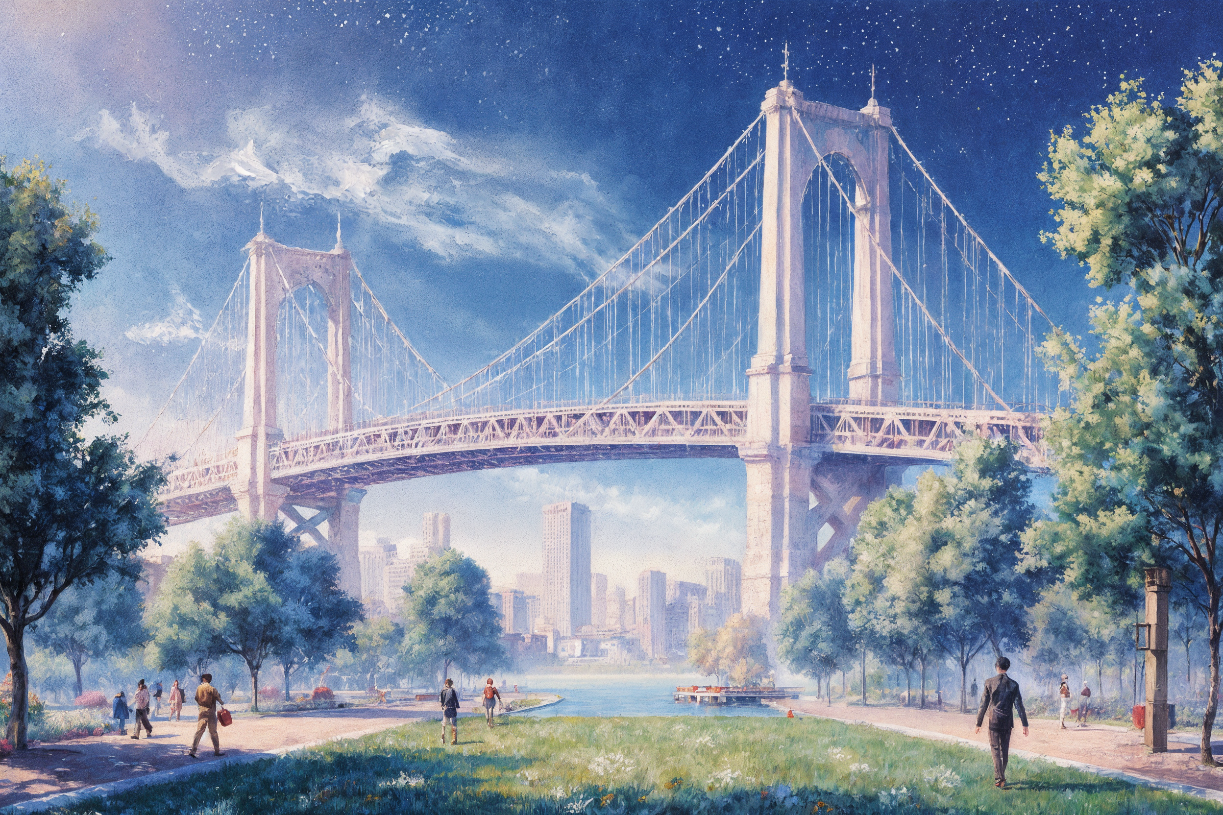 Illustration générée par intelligence artificielle représentant une ville avec un grand pont central sous un ciel bleu. Au premier plan, au centre, se trouve une fenêtre de prompt IA affichant le texte utilisé pour générer l’image en arrière-plan ainsi que des bulles indiquant des supports de communication (Linkeding, dossier de presse, calendrier éditorial et Newsletter)